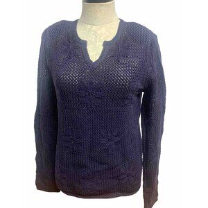 Christopher & Banks Womans M Navy Blue Open Weave Pull Over Sweater Floral Knit